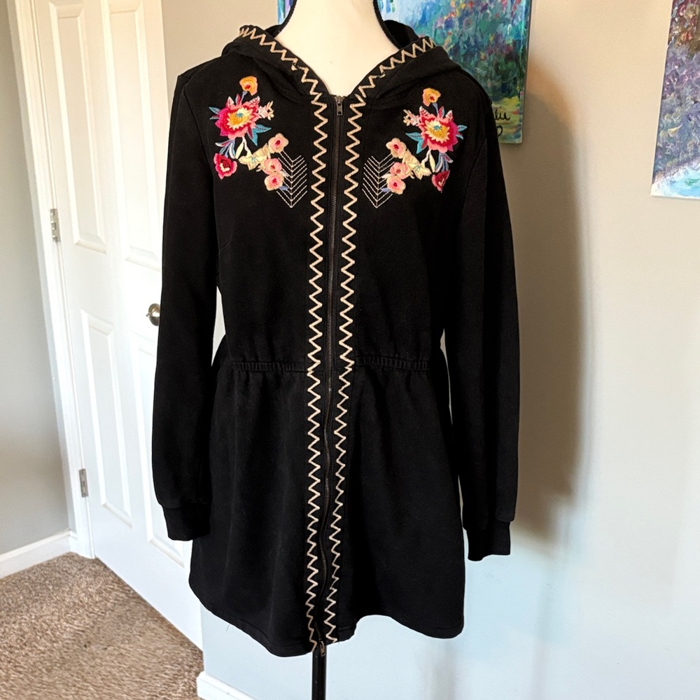 Solitaire Black Hooded Tunic with Rose and Fuchsia Floral Embroidery